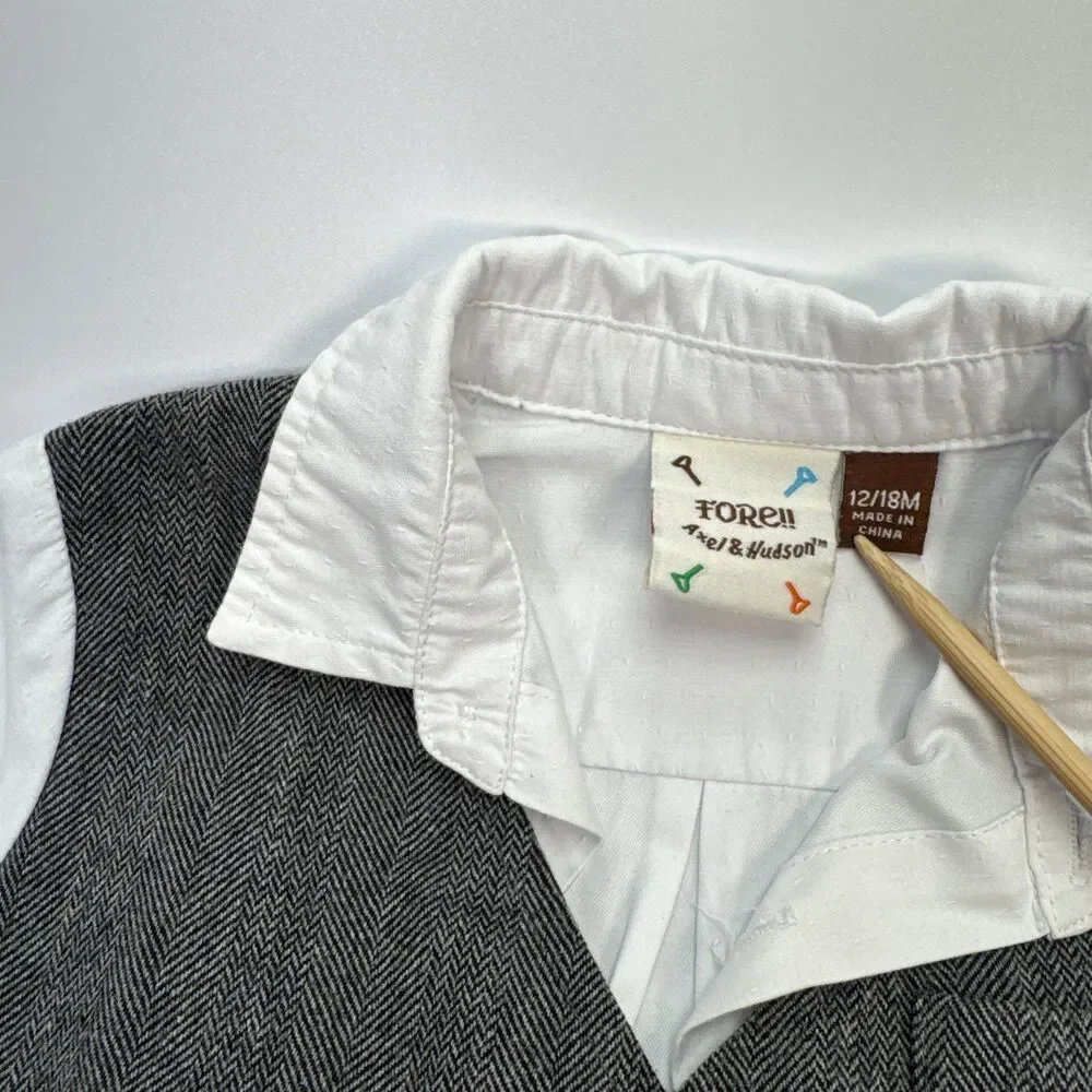 Fore!! Axel & Hudson 12-18M Boys Outfit Sewn On Vest Shirt Pants Herringbone Set